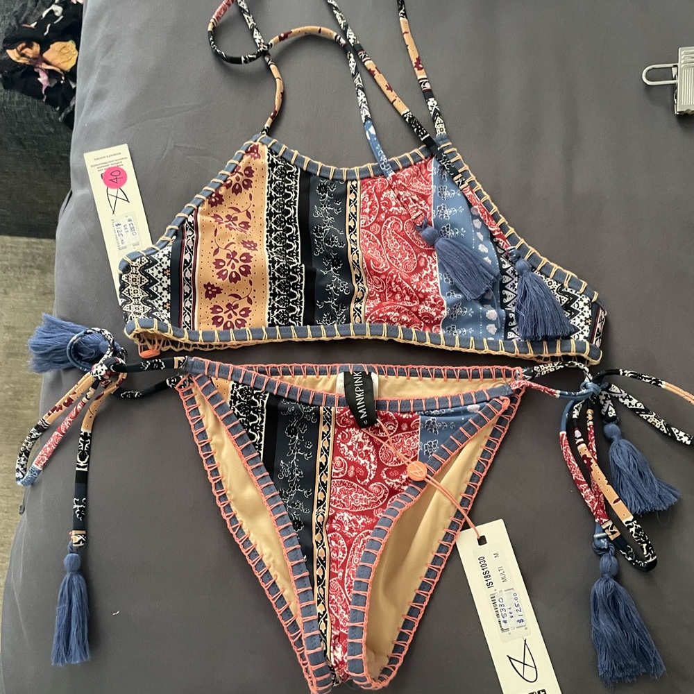 MINKPINK Patchwork Bikini in Red, Blue, and Cream
